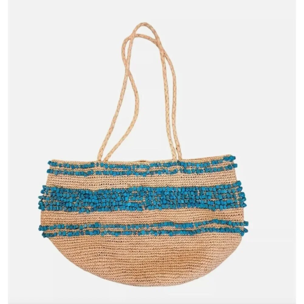 J Crew Straw market tote with turquoise stones bucket bag NWT J.Crew